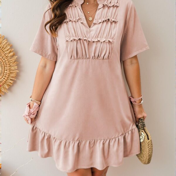 Elegant Dusty Pink Stylish Plus Size V-Neck Ruched Dress with Flounce Hem - Chic, Classy and Trendy Fashion Style to Dress to Impress