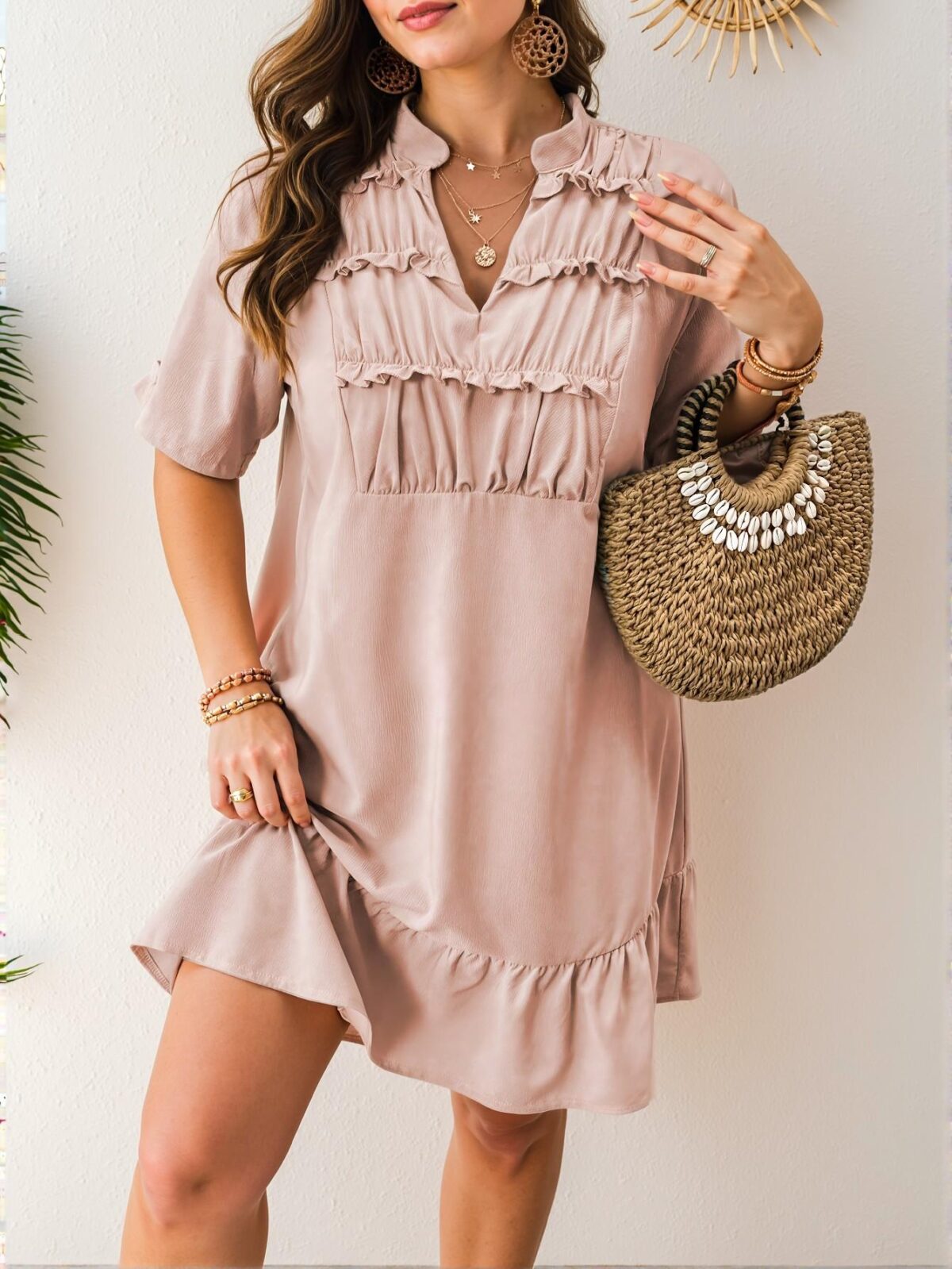 Elegant Dusty Pink Stylish Plus Size V-Neck Ruched Dress with Flounce Hem - Chic, Classy and Trendy Fashion Style to Dress to Impress - Image 3