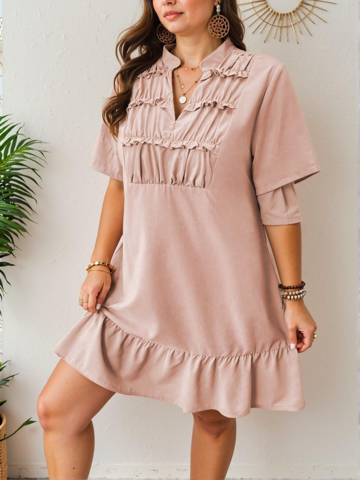 Elegant Dusty Pink Stylish Plus Size V-Neck Ruched Dress with Flounce Hem - Chic, Classy and Trendy Fashion Style to Dress to Impress - Image 4