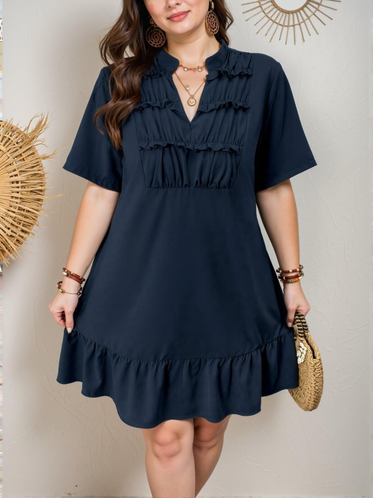 Elegant Navy Blue Chic V-Neck Ruched Cut-Out Midi Dress for Plus Size Women - Classy and Trendy Fashion Style to Dress to Impress
