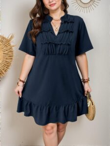 Elegant Navy Blue Chic V-Neck Ruched Cut-Out Midi Dress for Plus Size Women - Classy and Trendy Fashion Style to Dress to Impress