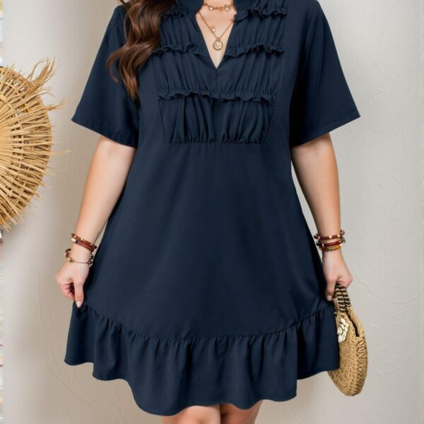 Elegant Navy Blue Chic V-Neck Ruched Cut-Out Midi Dress for Plus Size Women - Classy and Trendy Fashion Style to Dress to Impress