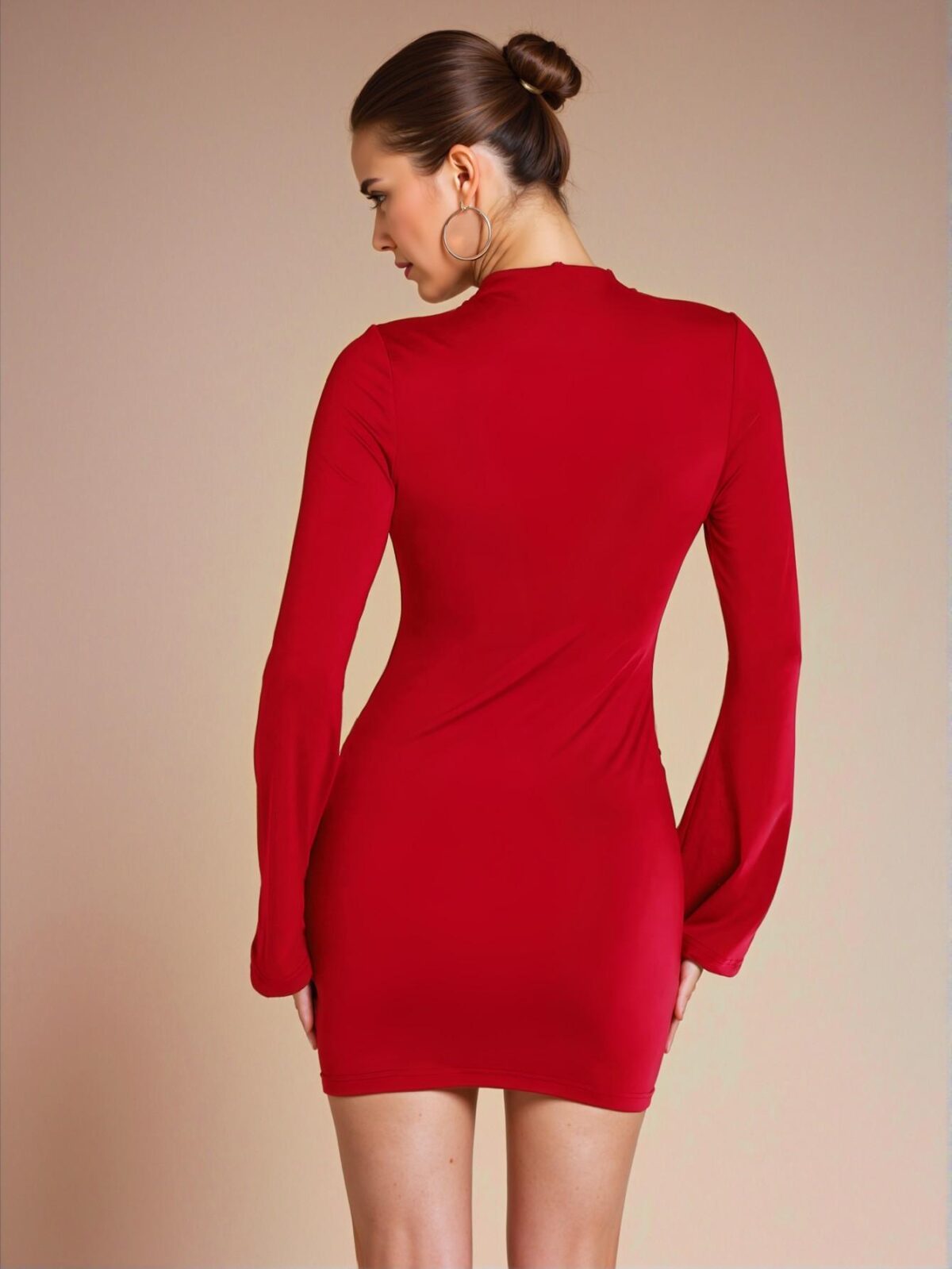 Elegant Red Ruched Bodycon Mini Dress with Long Sleeves, Perfect for Autumn/Winter and Versatile as Underdress or Casual/Office Outfit for Spring and Summer - Chic, Classy and Trendy Fashion Style to Dress to Impress - Image 2