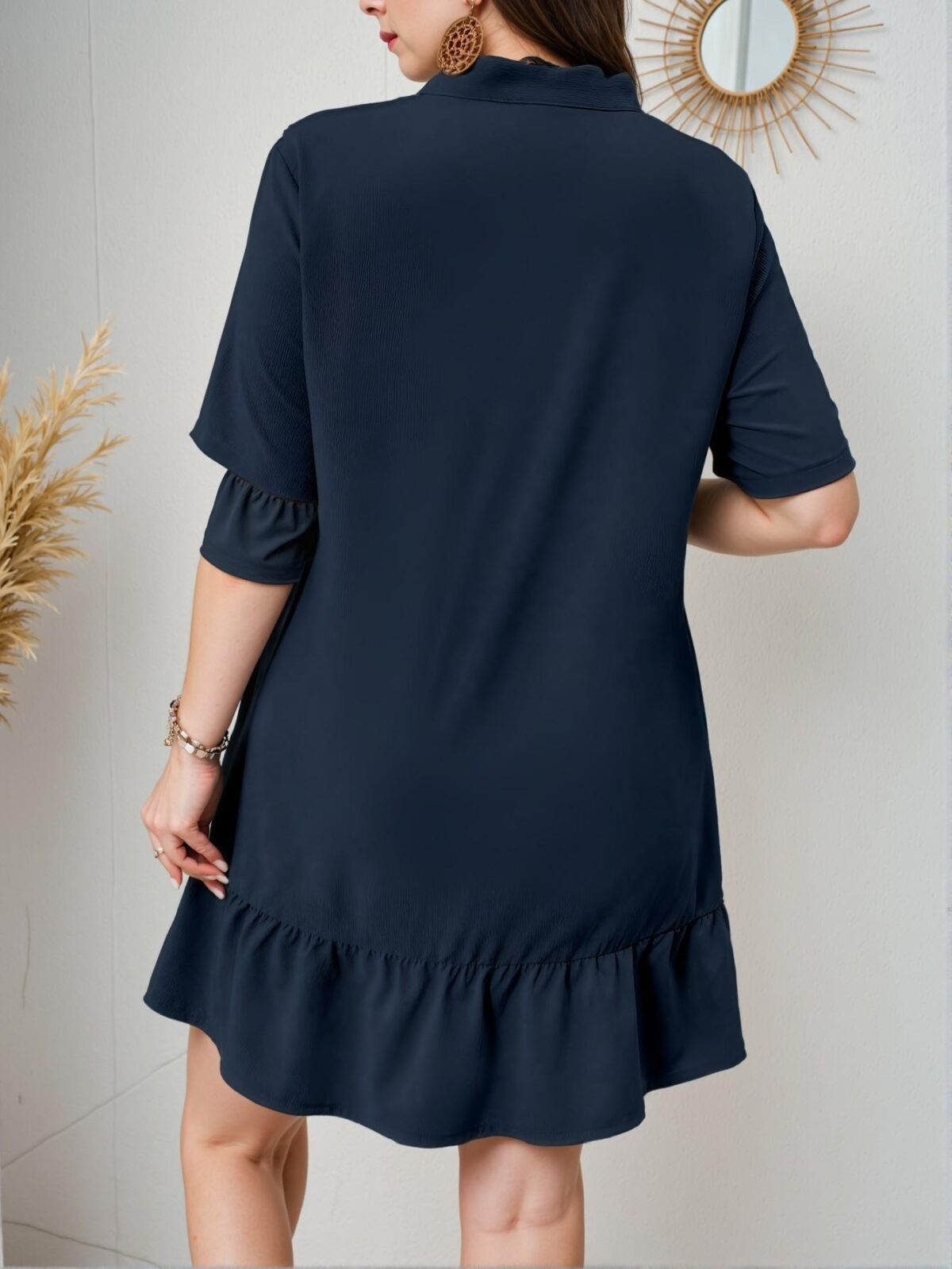Elegant Navy Blue Chic V-Neck Ruched Cut-Out Midi Dress for Plus Size Women - Classy and Trendy Fashion Style to Dress to Impress - Image 2