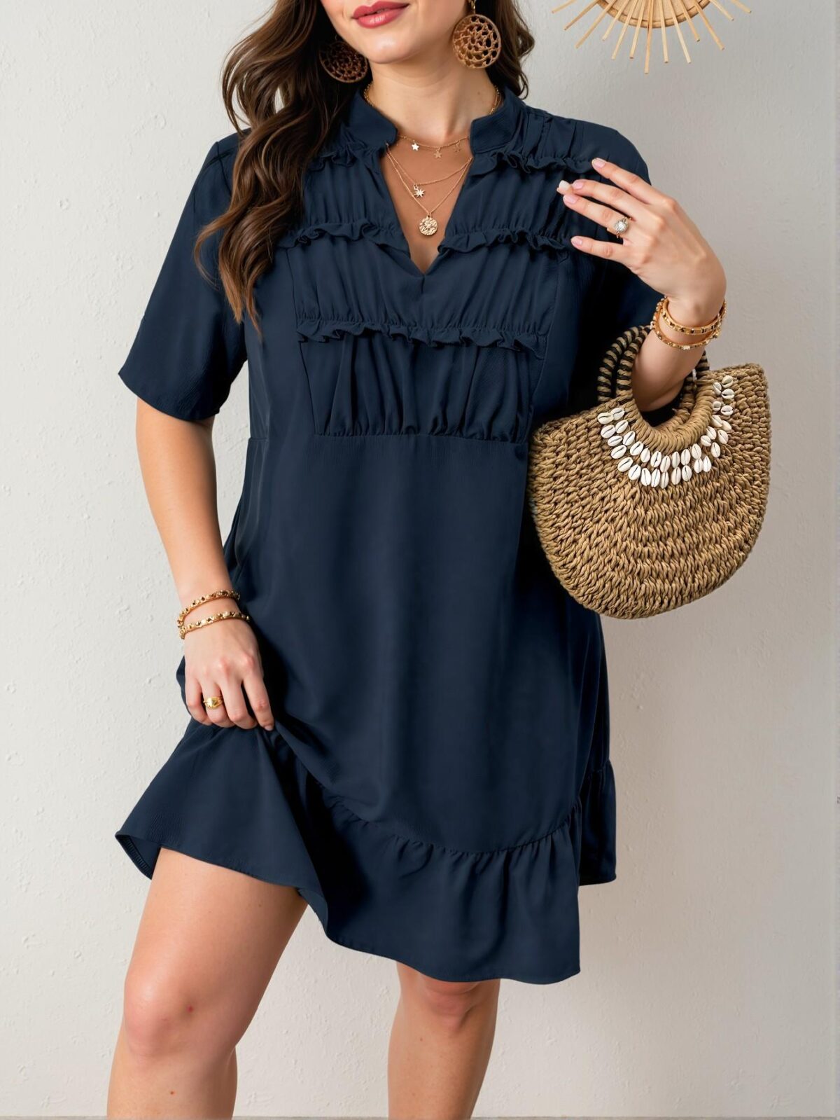 Elegant Navy Blue Chic V-Neck Ruched Cut-Out Midi Dress for Plus Size Women - Classy and Trendy Fashion Style to Dress to Impress - Image 4