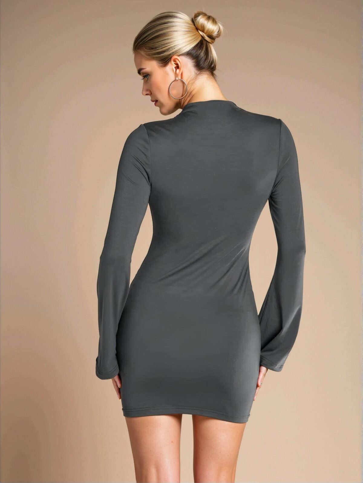 Elegant Dark Grey Refined High Neck Ruched Mini Bodycon Dress for Casual, Office, and Outdoor Wear in Autumn/Winter – Chic, Classy, and Trendy Fashion Style to Dress to Impress - Image 2