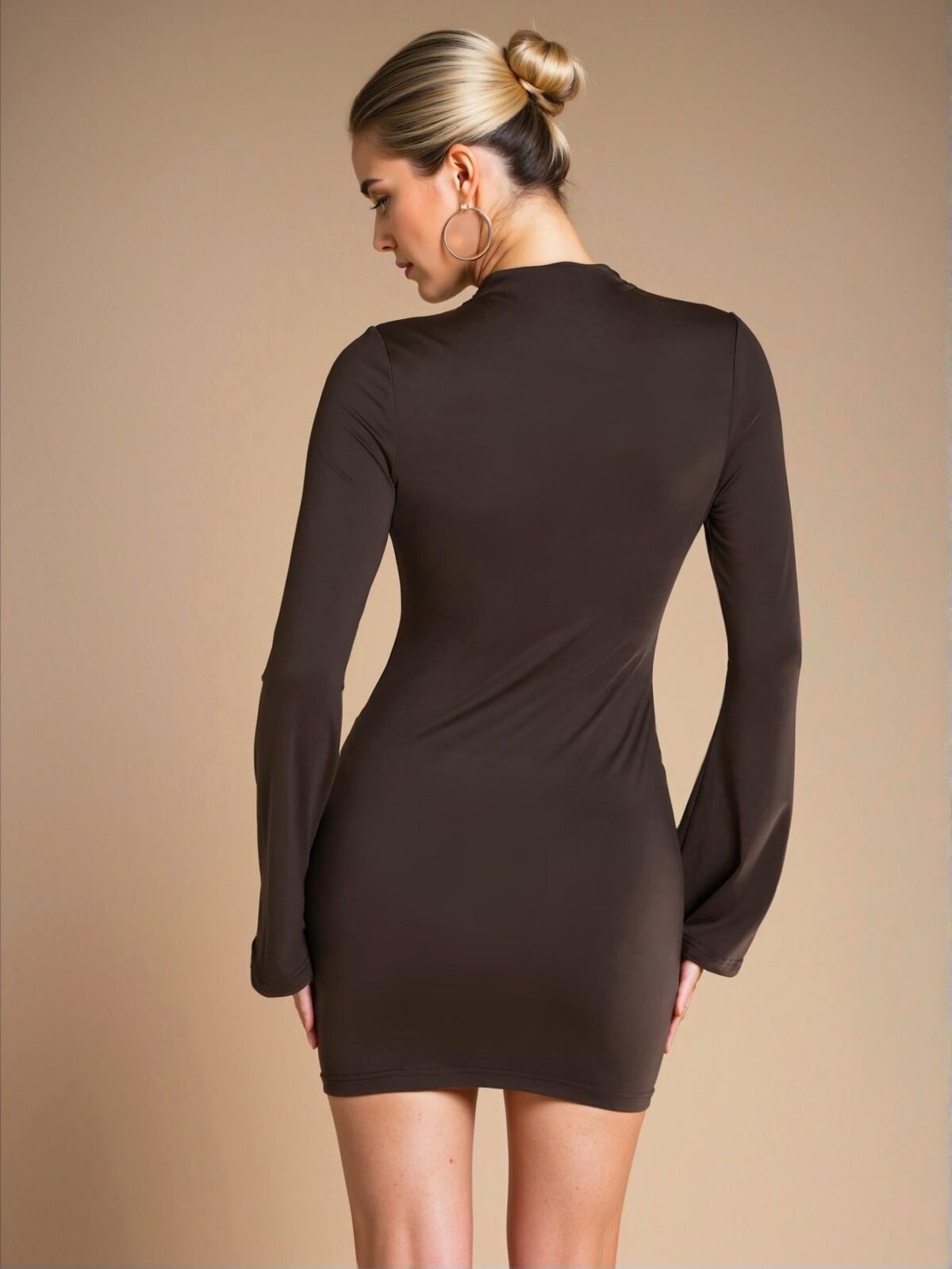 Elegant Coffee Brown Bodycon Long Sleeve Mini Dress with Ruched Detail, Perfect for Autumn/Winter and Stylish for Casual or Office Wear in Spring and Summer - Chic, Classy, and Trendy Fashion Style to Dress to Impress. - Image 2