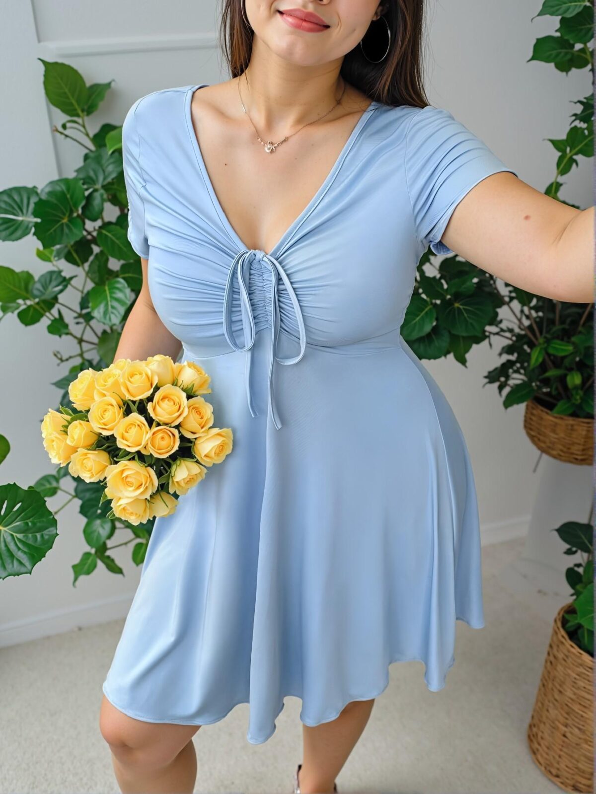 Elegant Baby Blue Twisted Front V-Neck Dress for Plus Size Women - Chic, Classy and Trendy Fashion Style to Dress to Impress