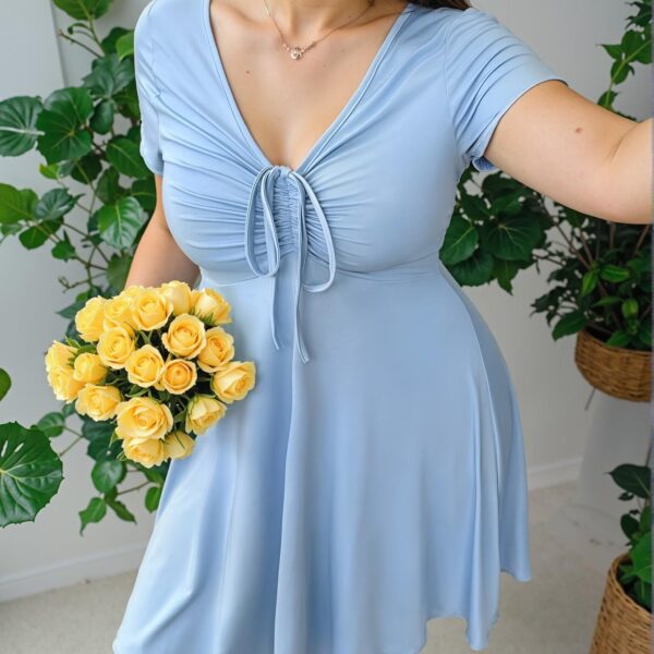 Elegant Baby Blue Twisted Front V-Neck Dress for Plus Size Women - Chic, Classy and Trendy Fashion Style to Dress to Impress