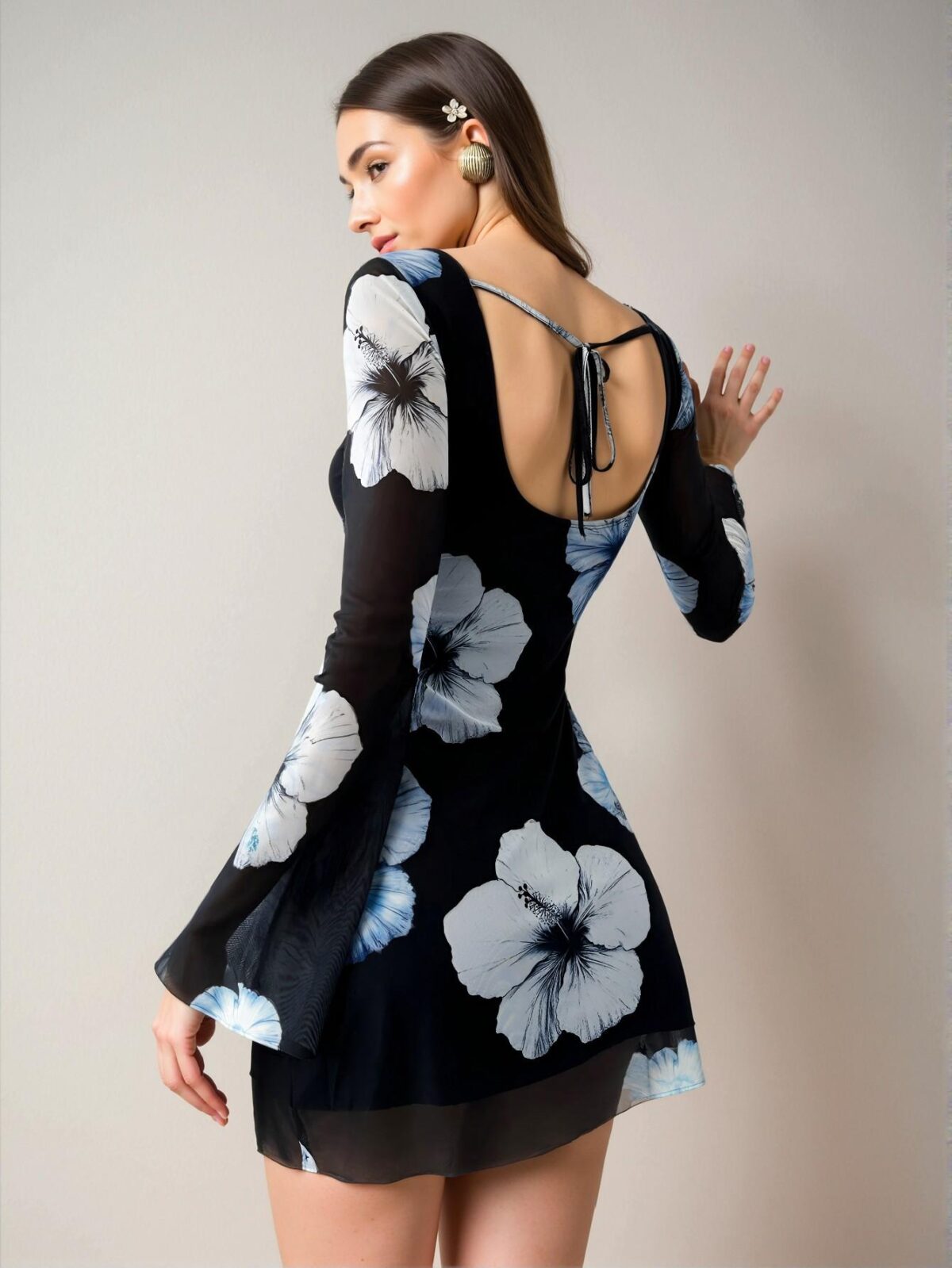 Elegant Multicolor Flirty Floral Print Backless Mini Dress with Long Sleeves for Spring and Summer Chic, Classy and Trendy Fashion Style to Dress to Impress