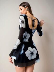 Elegant Multicolor Flirty Floral Print Backless Mini Dress with Long Sleeves for Spring and Summer Chic, Classy and Trendy Fashion Style to Dress to Impress