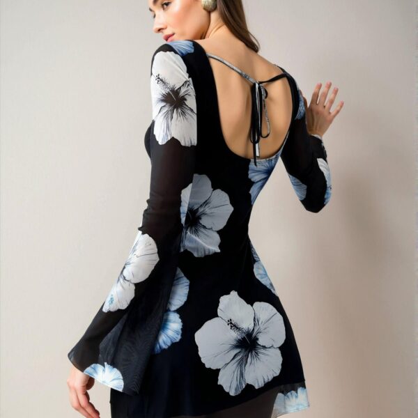 Elegant Multicolor Flirty Floral Print Backless Mini Dress with Long Sleeves for Spring and Summer Chic, Classy and Trendy Fashion Style to Dress to Impress