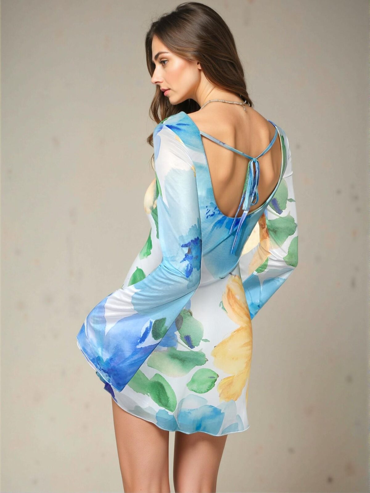 Elegant Multicolor Backless Floral Mesh Mini Dress with Long Flare Sleeves for Spring and Summer - Chic, Classy and Trendy Fashion Style to Dress to Impress - Image 2