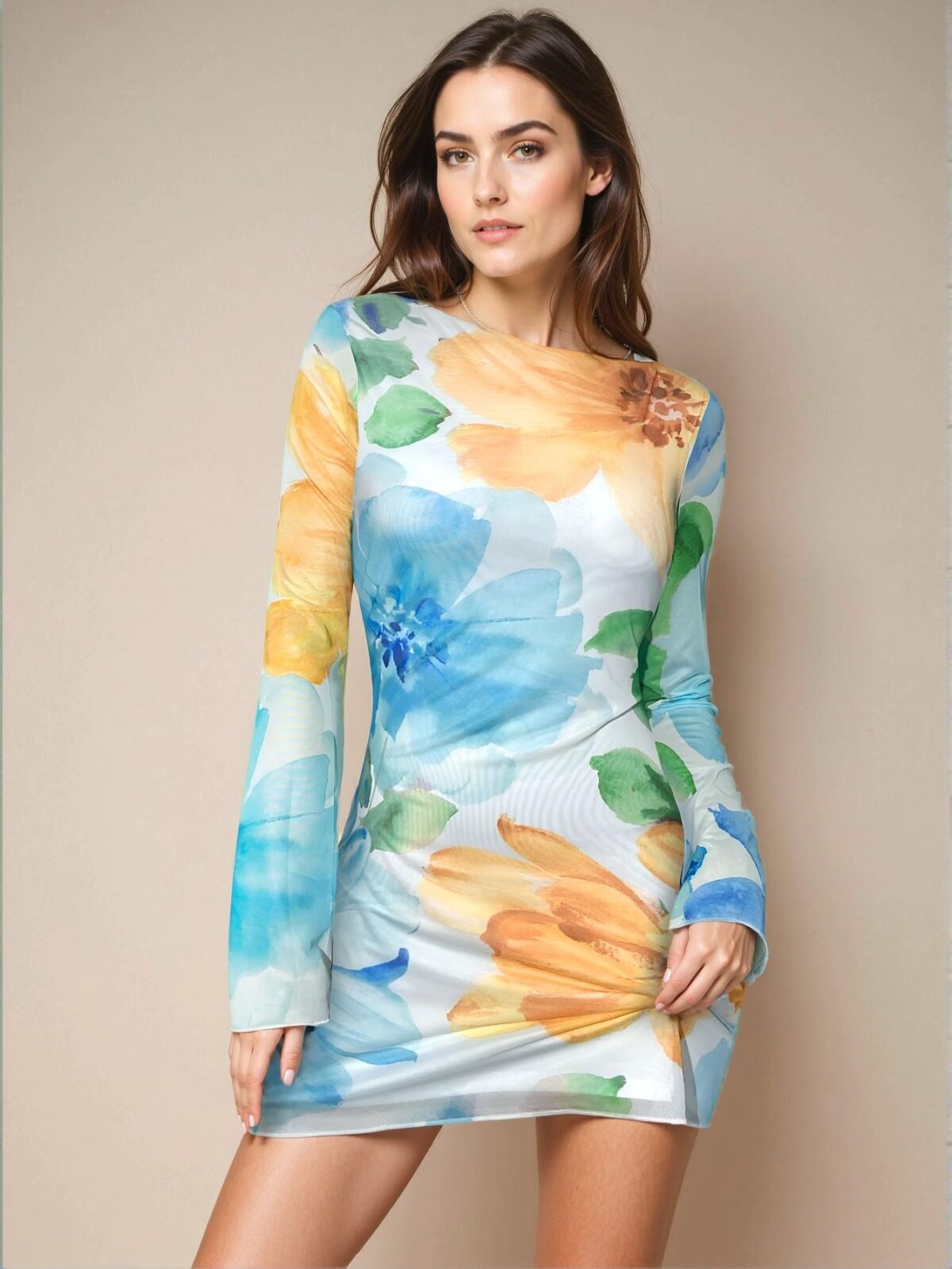 Elegant Multicolor Backless Floral Mesh Mini Dress with Long Flare Sleeves for Spring and Summer - Chic, Classy and Trendy Fashion Style to Dress to Impress - Image 4