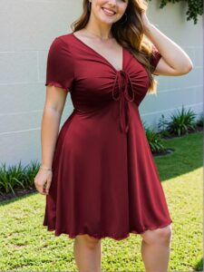 Elegant Burgundy Front Twist Bodycon Dress for Plus Size Women with Flared Hem and High Waist Design - Chic, Classy and Trendy Fashion Style to Dress to Impress