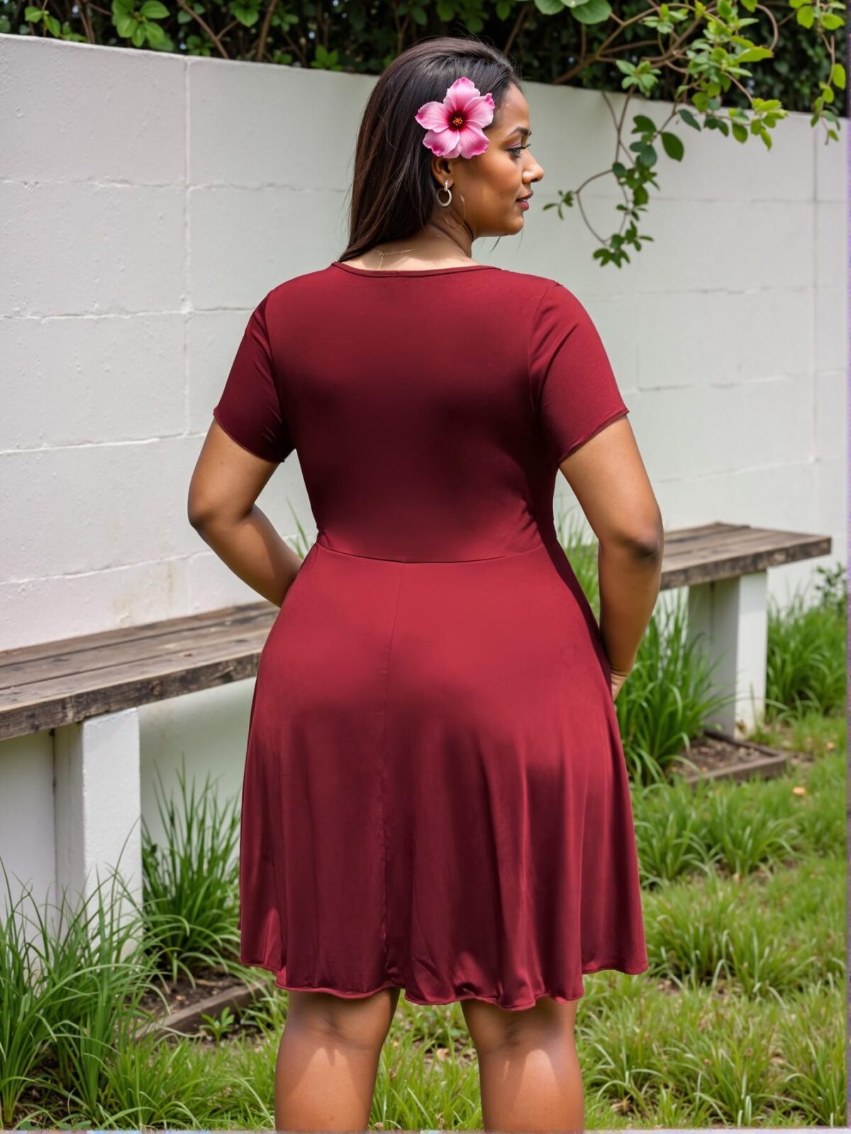Elegant Burgundy Front Twist Bodycon Dress for Plus Size Women with Flared Hem and High Waist Design - Chic, Classy and Trendy Fashion Style to Dress to Impress - Image 2
