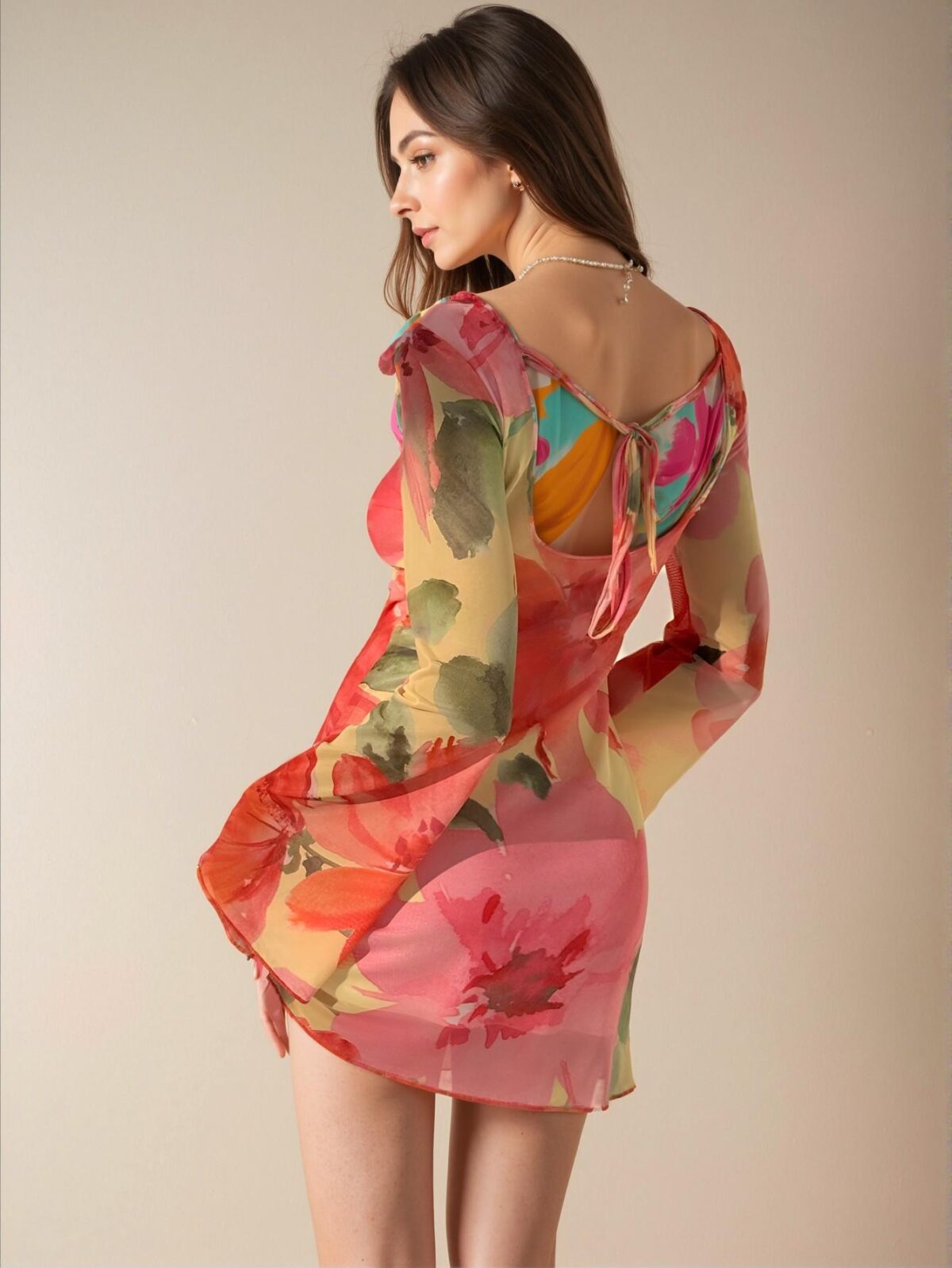 Elegant Multicolor Backless Floral Print Mesh Mini Dress with Long Sleeves for a Stylish Summer Getaway Outfit - Chic, Classy and Trendy Fashion Style to Dress to Impress - Image 2