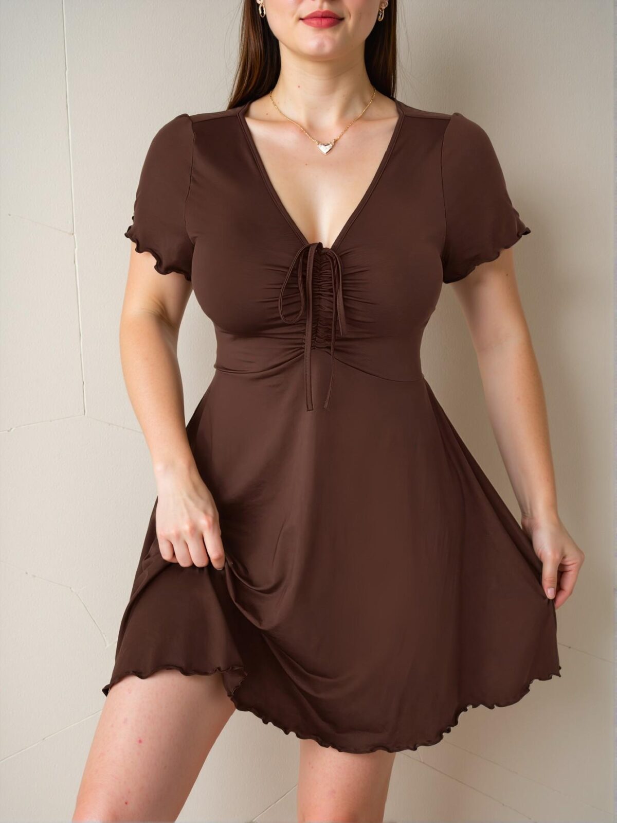 Elegant Brown Stylish Plus Size Women’s V-Neck Drawstring Milkmaid A-Line Dress for Chic, Classy and Trendy Fashion Style to Dress to Impress