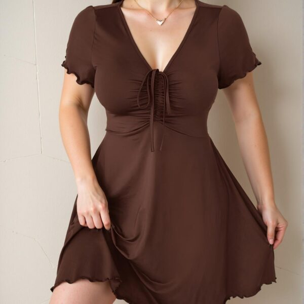 Elegant Brown Stylish Plus Size Women’s V-Neck Drawstring Milkmaid A-Line Dress for Chic, Classy and Trendy Fashion Style to Dress to Impress