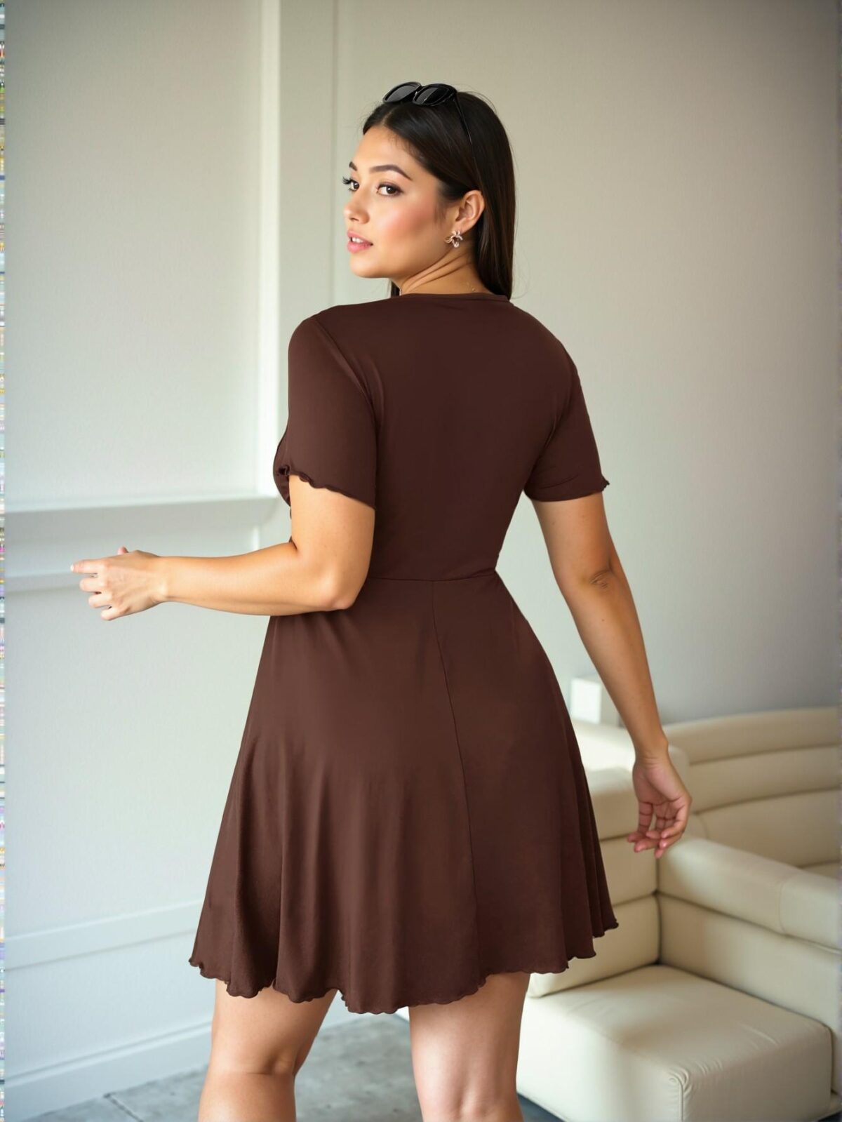 Elegant Brown Stylish Plus Size Women’s V-Neck Drawstring Milkmaid A-Line Dress for Chic, Classy and Trendy Fashion Style to Dress to Impress - Image 2