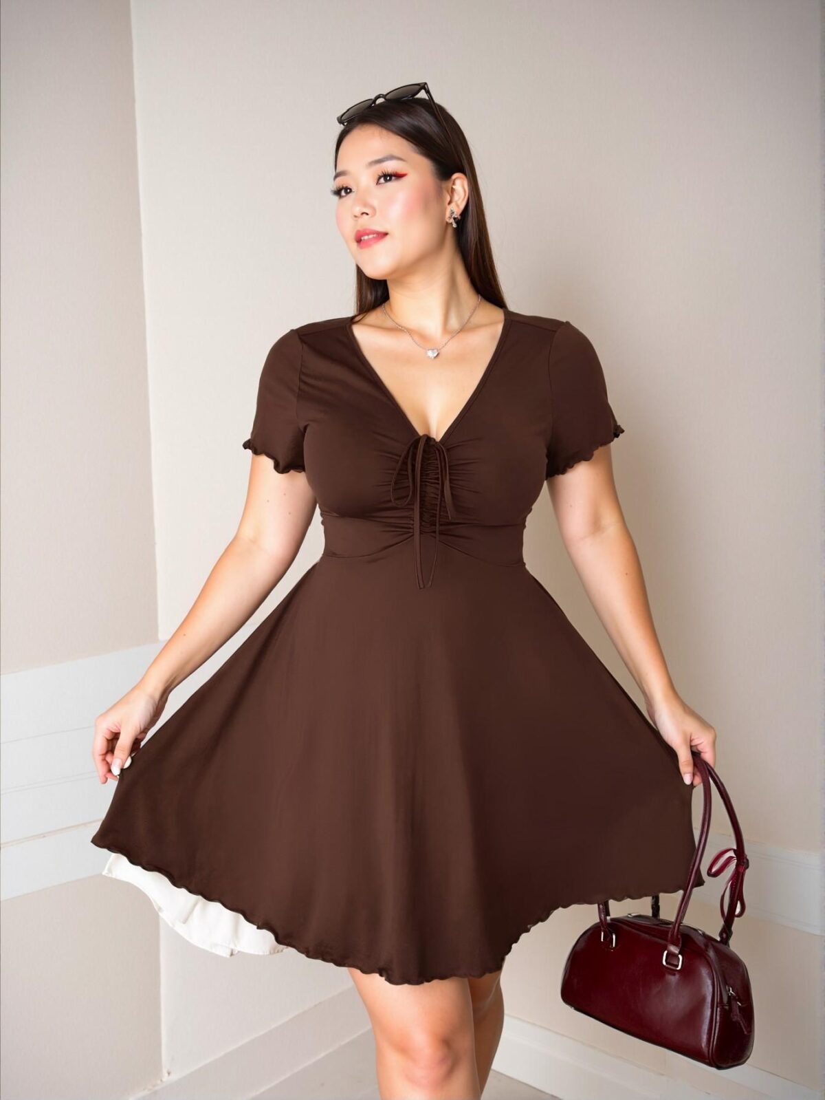 Elegant Brown Stylish Plus Size Women’s V-Neck Drawstring Milkmaid A-Line Dress for Chic, Classy and Trendy Fashion Style to Dress to Impress - Image 3