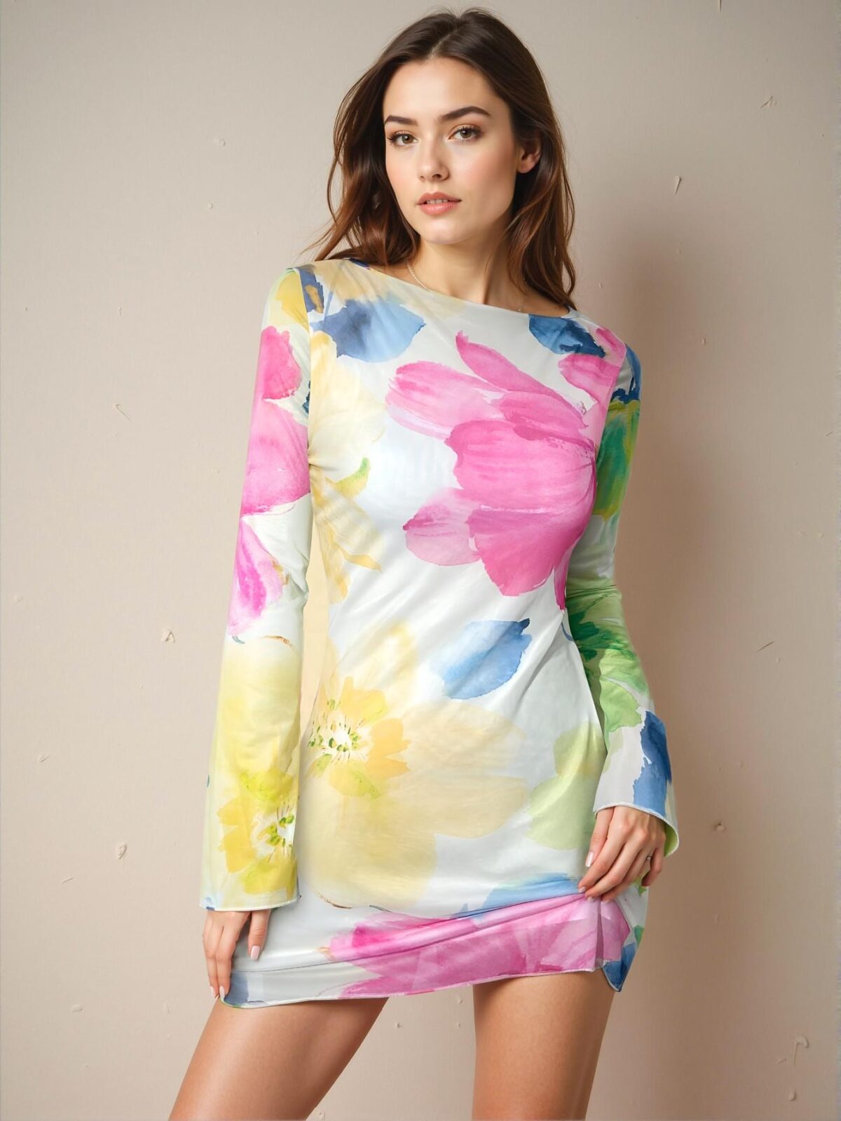 Chic Multicolor Bohemian Floral Print Sheer Backless Long Sleeve Mini Dress for Women, Ideal for Vacation & Dates in Spring/Summer - Chic, Classy, and Trendy Fashion Style to Dress to Impress - Image 4