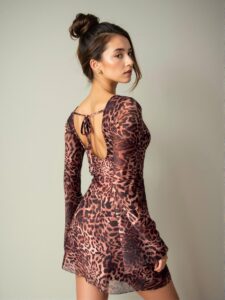 Elegant Coffee Brown Backless Strap Mesh Leopard Print Mini Dress for Spring and Summer - Chic, Classy and Trendy Fashion Style to Dress to Impress