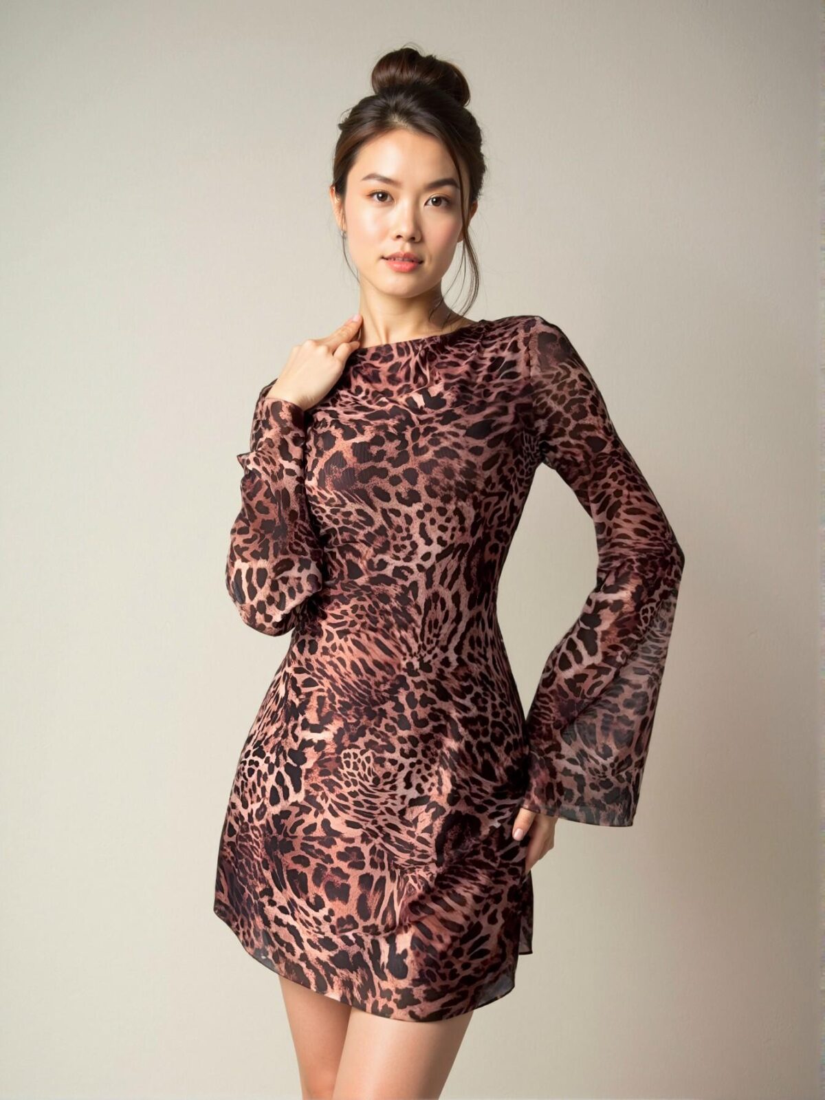 Elegant Coffee Brown Backless Strap Mesh Leopard Print Mini Dress for Spring and Summer - Chic, Classy and Trendy Fashion Style to Dress to Impress - Image 3