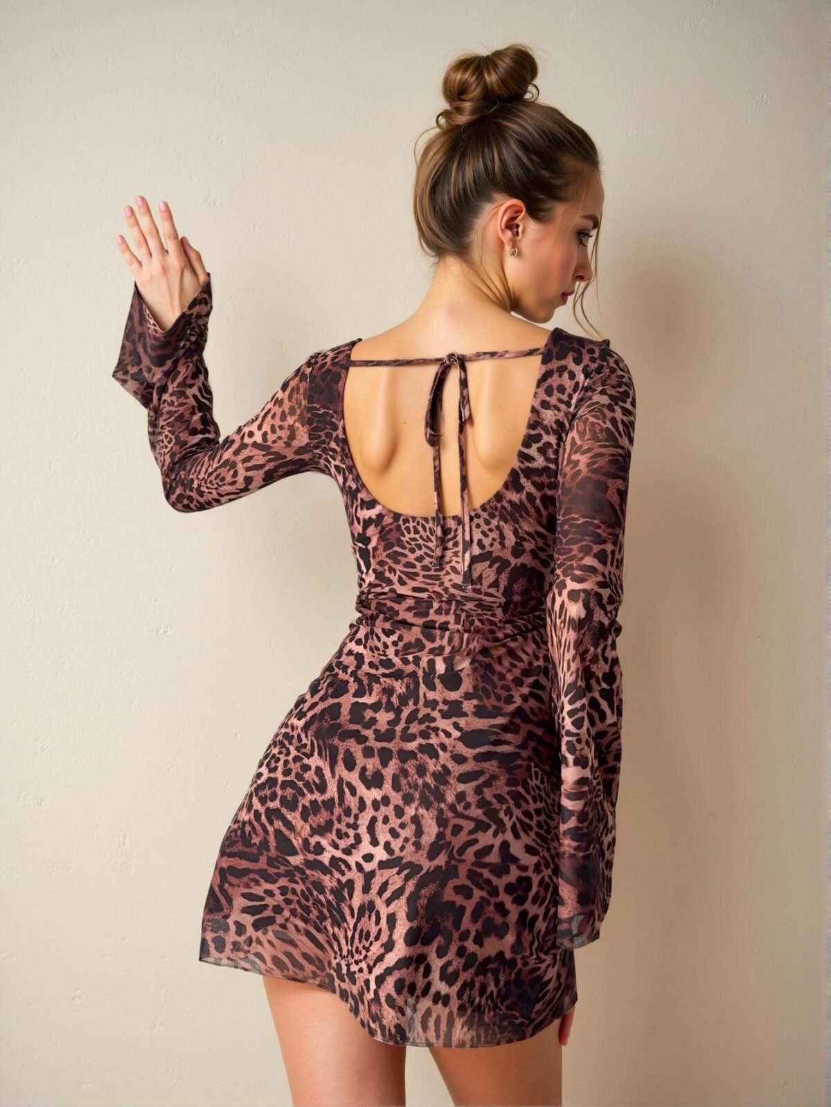 Elegant Coffee Brown Backless Strap Mesh Leopard Print Mini Dress for Spring and Summer - Chic, Classy and Trendy Fashion Style to Dress to Impress - Image 4
