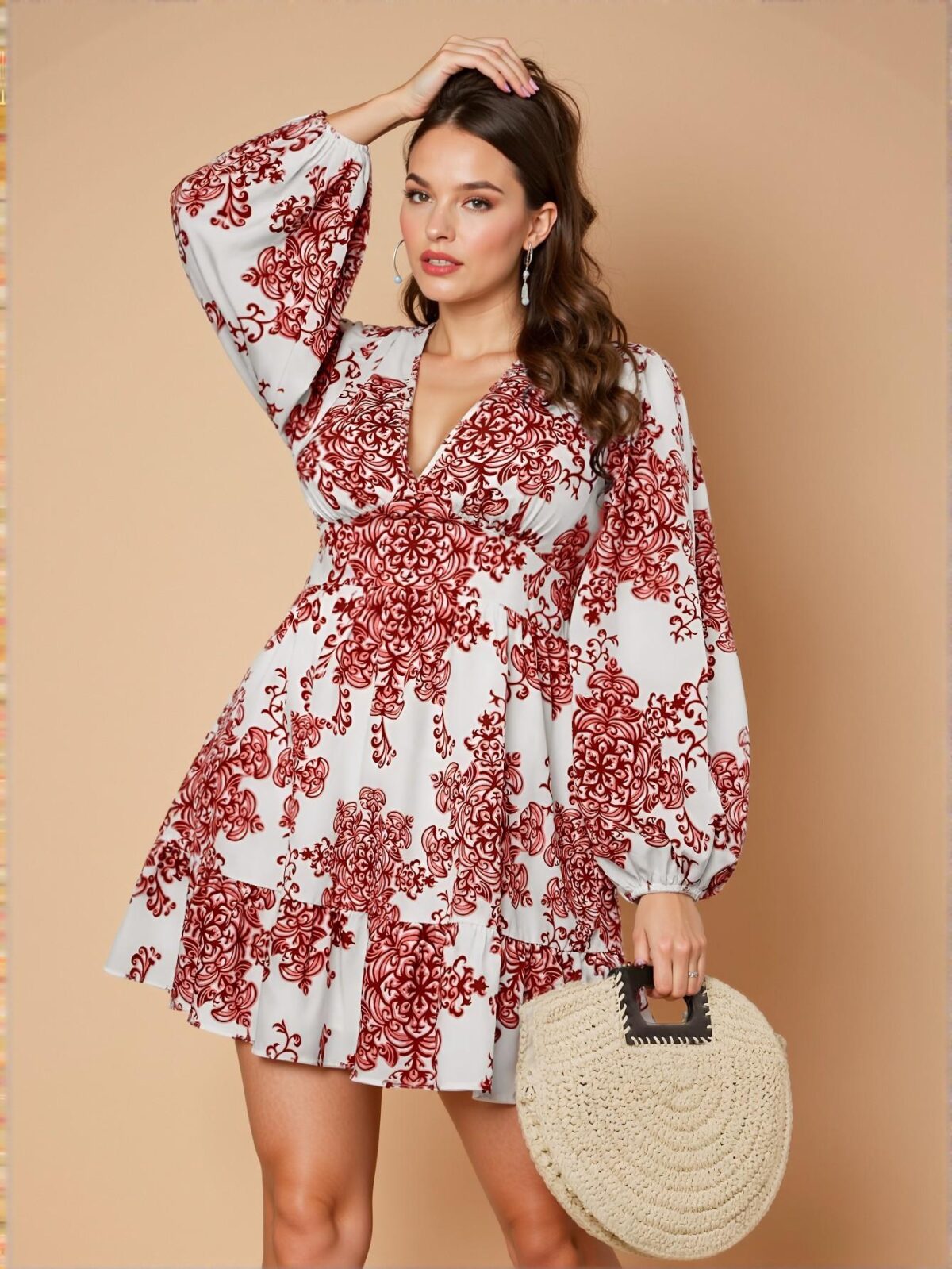 Elegant Red Floral A-Line Modest Dress for Holiday Parties and Casual Outings - Chic, Classy and Trendy Fashion Style to Dress to Impress - Image 3