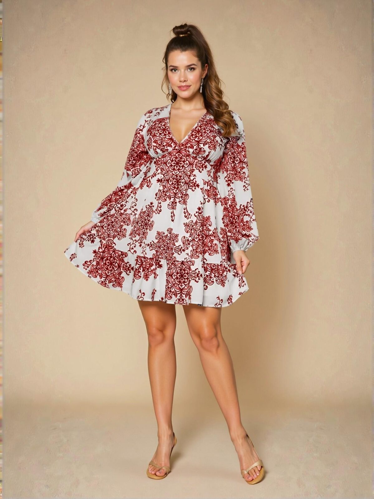 Elegant Red Floral A-Line Modest Dress for Holiday Parties and Casual Outings - Chic, Classy and Trendy Fashion Style to Dress to Impress - Image 4