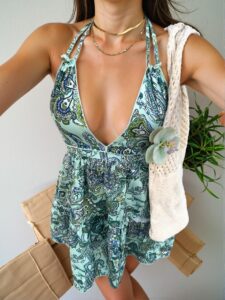 Elegant Mint Green Bohemian Retro Print Backless Halter Dress with Bow Tie for a Casual Vacation Look "Chic, Classy and Trendy Fashion Style to Dress to Impress"