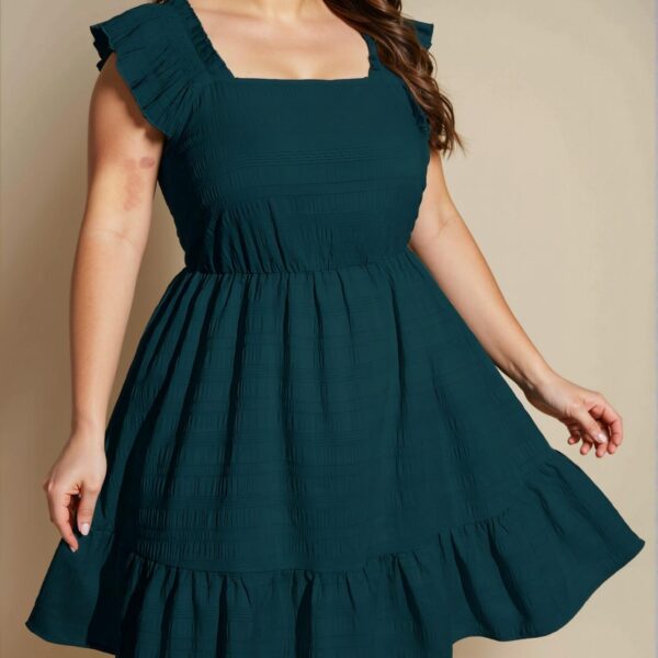Elegant Teal Blue Flounce Hem A-Line Dress with Square Neckline and Ruffles - Chic, Classy and Trendy Fashion Style to Dress to Impress