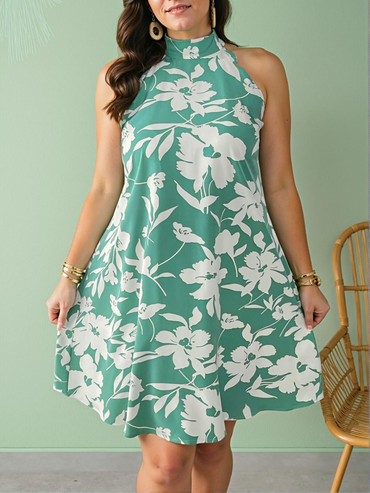 Elegant Green Flared A-Line Leaf Print Halter Vacation Dress Chic, Classy and Trendy Fashion Style to Dress to Impress - Image 3