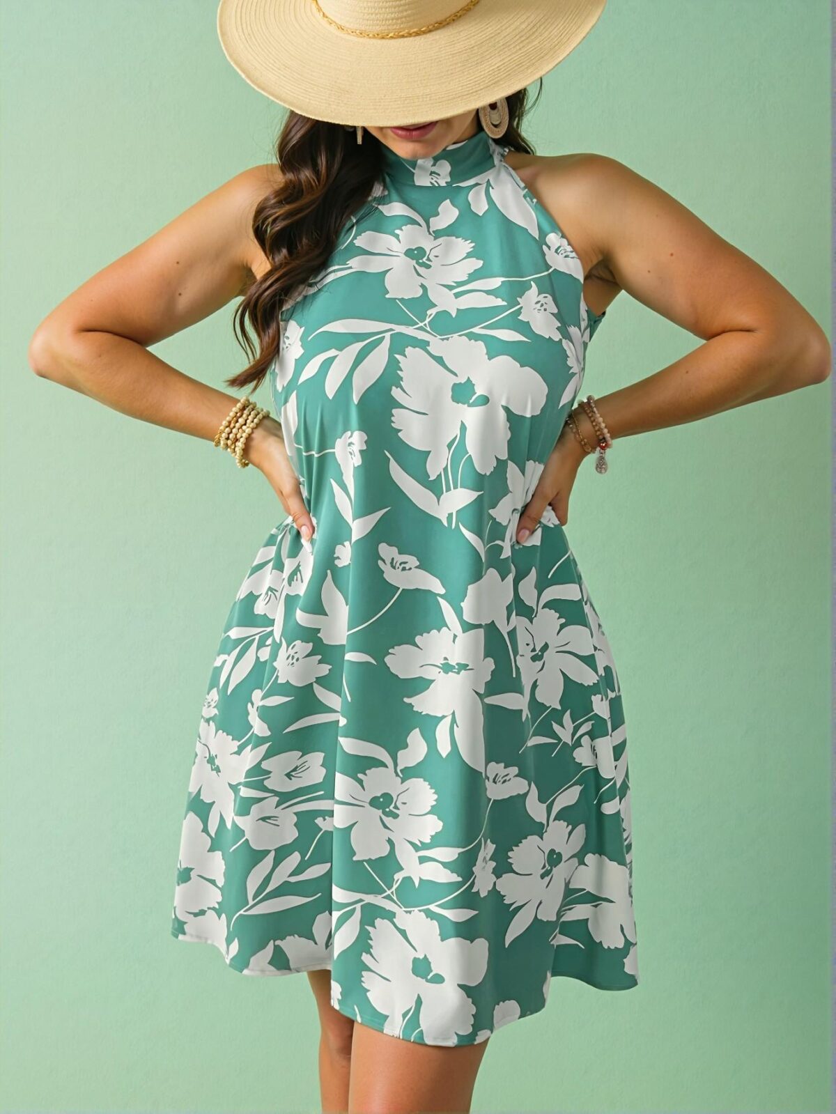 Elegant Green Flared A-Line Leaf Print Halter Vacation Dress Chic, Classy and Trendy Fashion Style to Dress to Impress - Image 5