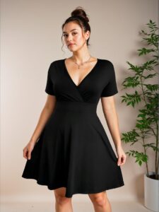 Elegant Black Stylish Summer Knitted Short Sleeve A-Line Dress with Waist Belt, Perfect for Graduation Celebrations - Chic, Classy and Trendy Fashion Style to Dress to Impress