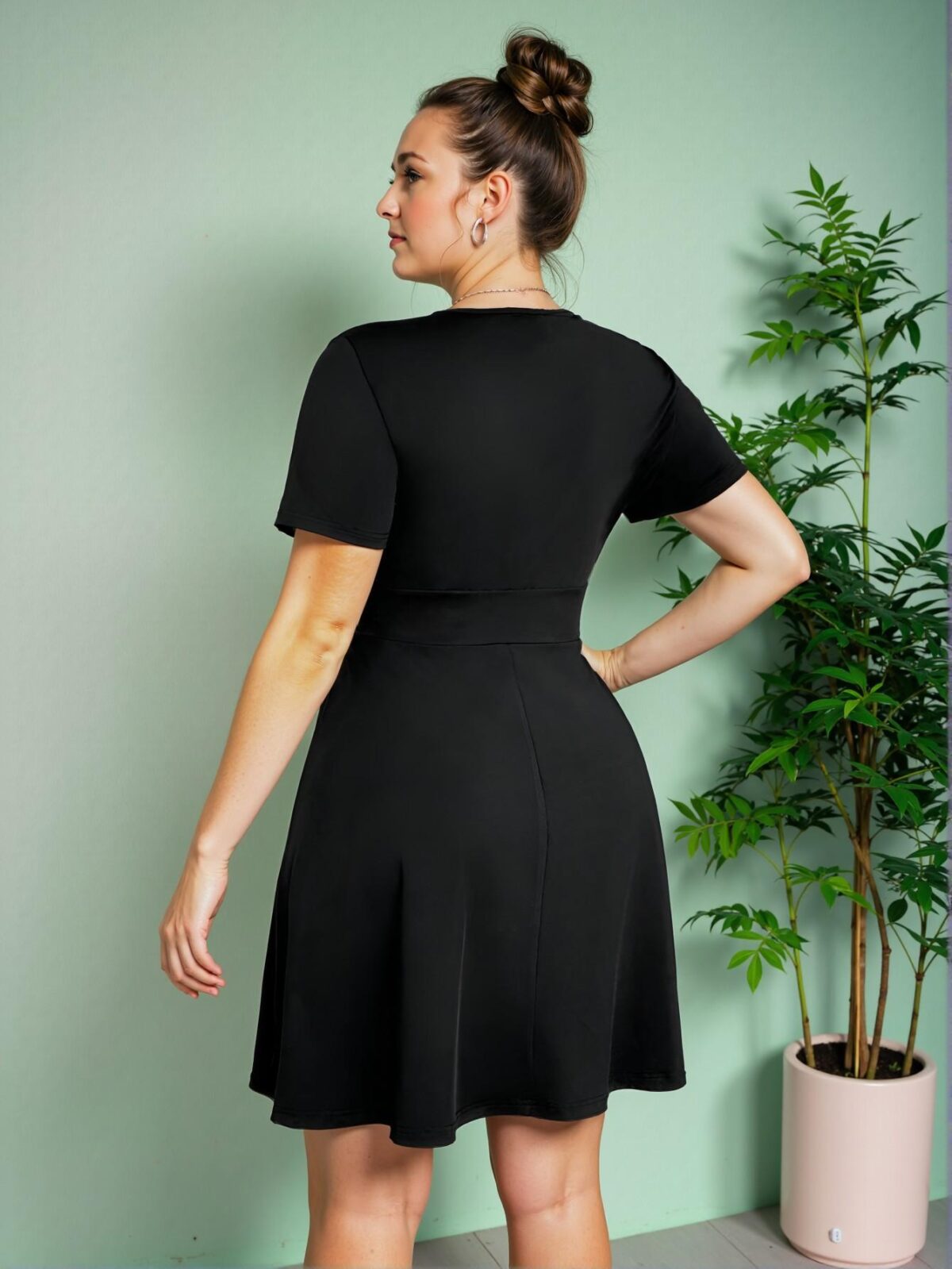 Elegant Black Stylish Summer Knitted Short Sleeve A-Line Dress with Waist Belt, Perfect for Graduation Celebrations - Chic, Classy and Trendy Fashion Style to Dress to Impress - Image 2
