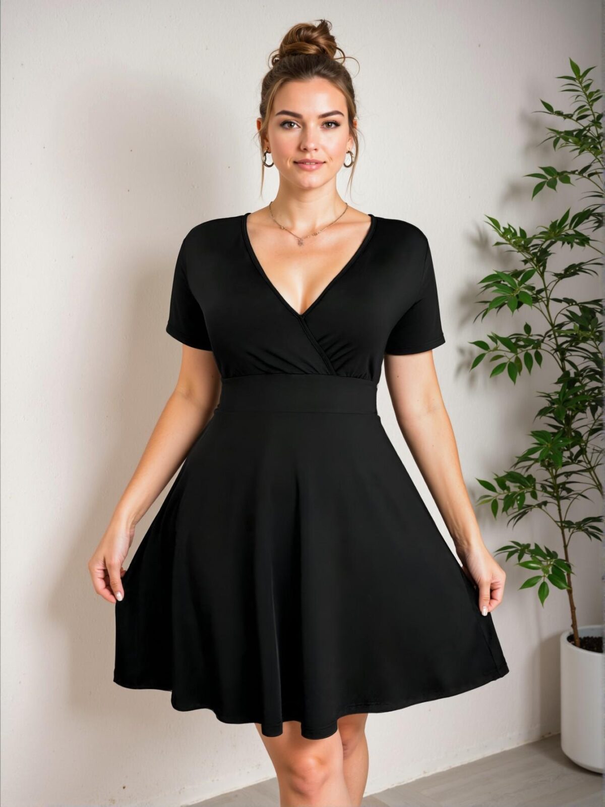 Elegant Black Stylish Summer Knitted Short Sleeve A-Line Dress with Waist Belt, Perfect for Graduation Celebrations - Chic, Classy and Trendy Fashion Style to Dress to Impress - Image 3