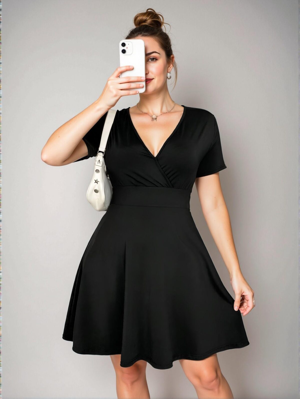 Elegant Black Stylish Summer Knitted Short Sleeve A-Line Dress with Waist Belt, Perfect for Graduation Celebrations - Chic, Classy and Trendy Fashion Style to Dress to Impress - Image 4