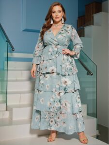 Elegant Blue Plus-Size Floral Print Long Sleeve Cross V-Neck A-Line Dress with Ruffle Detail Chic, Classy and Trendy Fashion Style to Dress to Impress