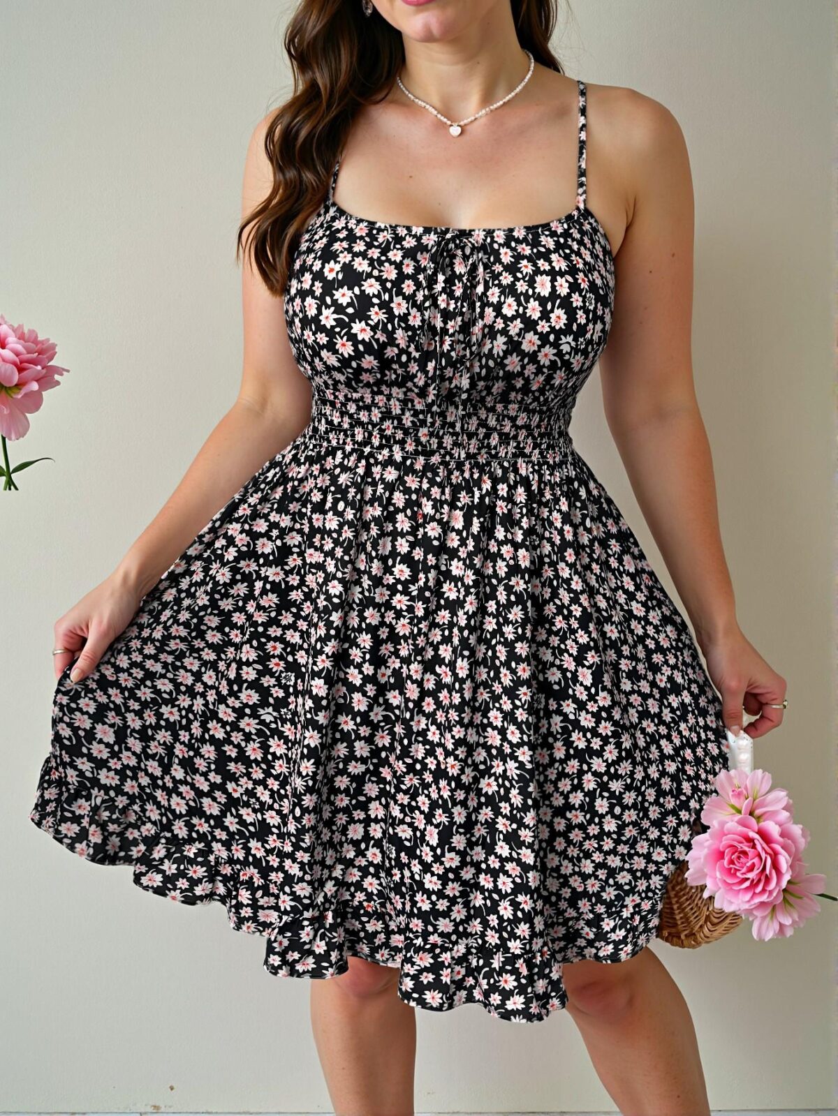 Elegant Black Boho Floral Print Sleeveless Midi Dress for Sunny Summer Getaways, Chic, Classy and Trendy Fashion Style to Dress to Impress