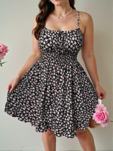 Elegant Black Boho Floral Print Sleeveless Midi Dress for Sunny Summer Getaways, Chic, Classy and Trendy Fashion Style to Dress to Impress