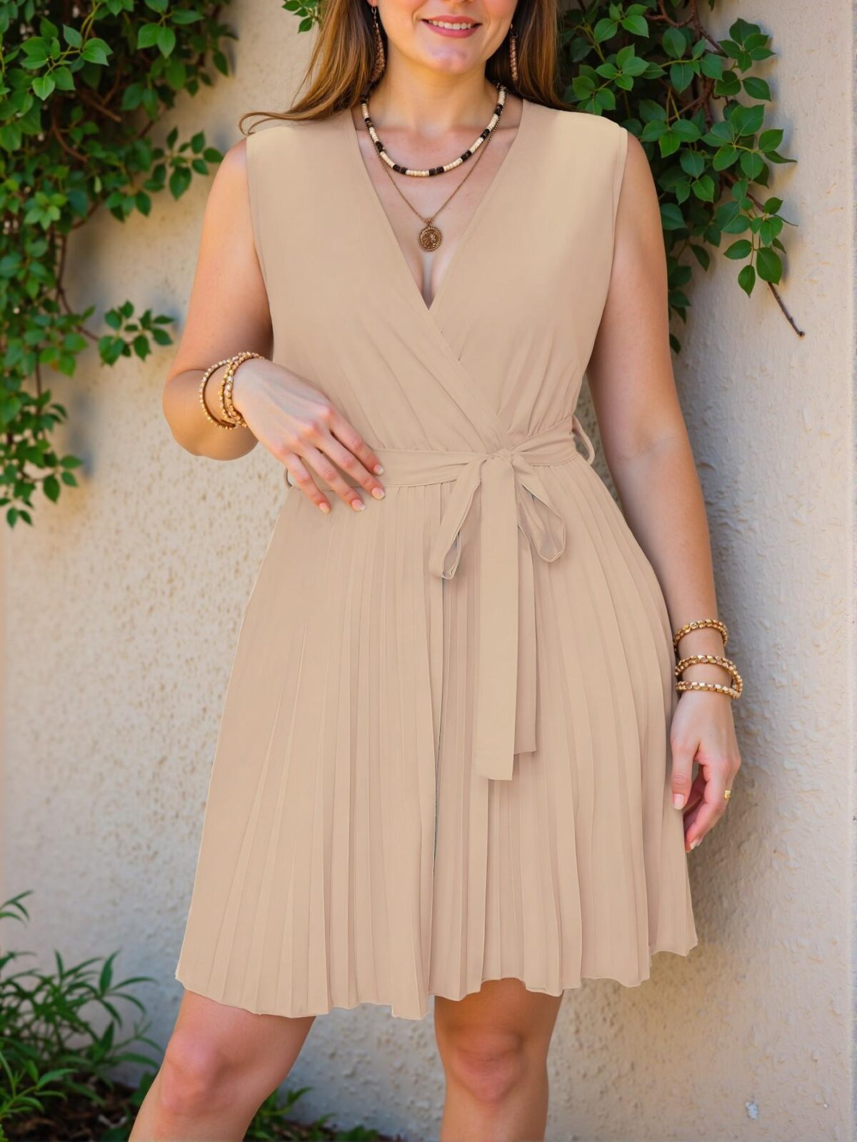 Elegant Apricot Stylish Plus Size A-Line V-Neck Dress with Pleated Details for Chic, Classy, and Trendy Fashion Style to Dress to Impress