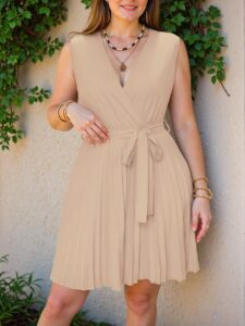 Elegant Apricot Stylish Plus Size A-Line V-Neck Dress with Pleated Details for Chic, Classy, and Trendy Fashion Style to Dress to Impress