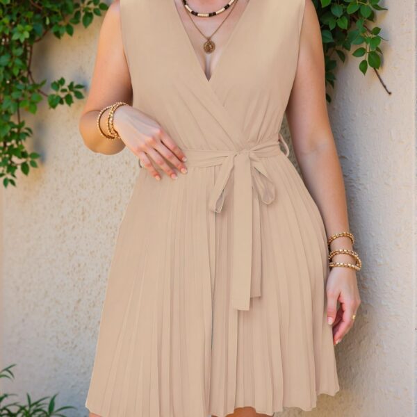 Elegant Apricot Stylish Plus Size A-Line V-Neck Dress with Pleated Details for Chic, Classy, and Trendy Fashion Style to Dress to Impress