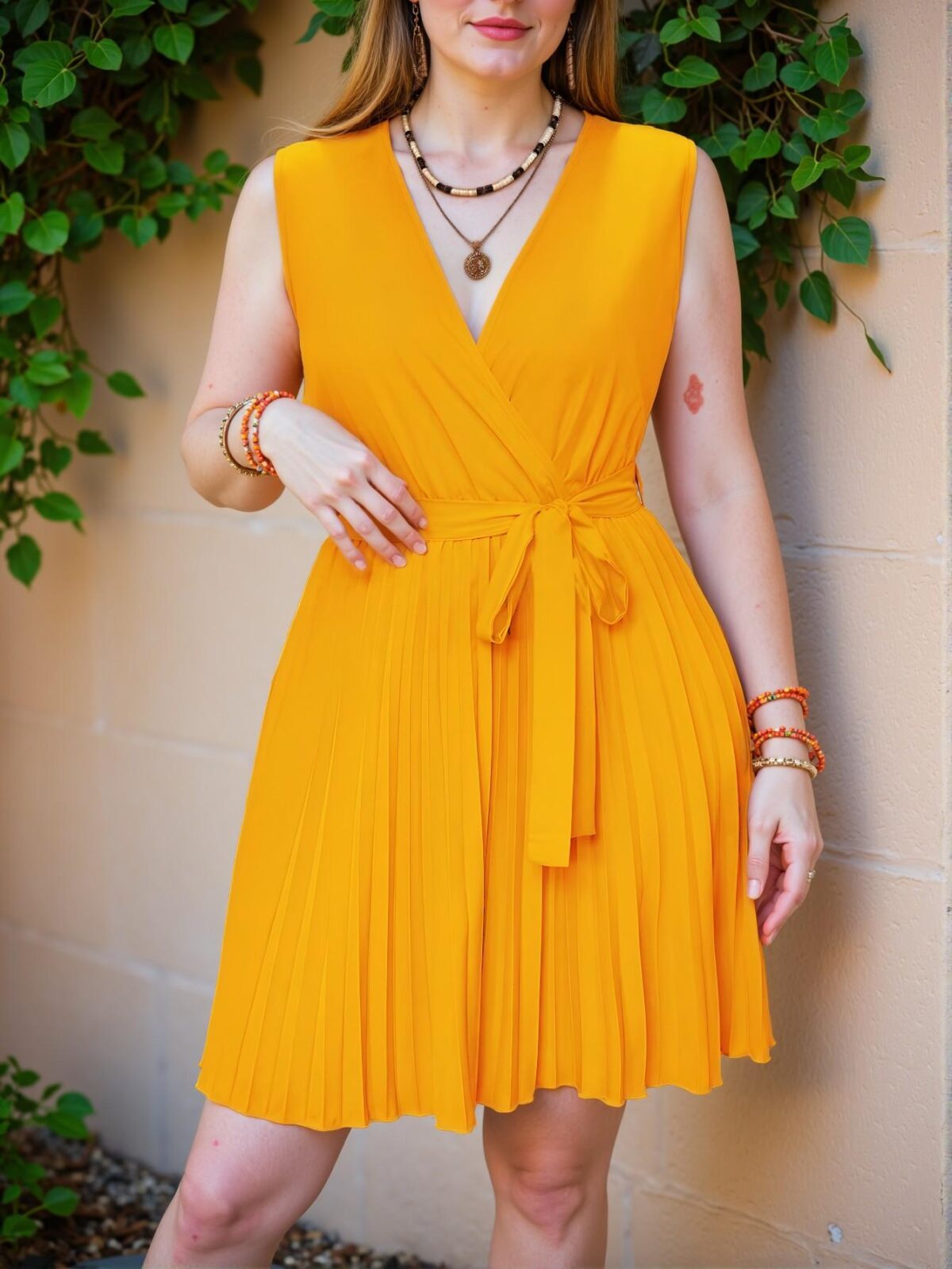 Elegant Yellow V-Neck Pleated A-Line Sleeveless Dress for a Chic, Classy and Trendy Fashion Style to Dress to Impress