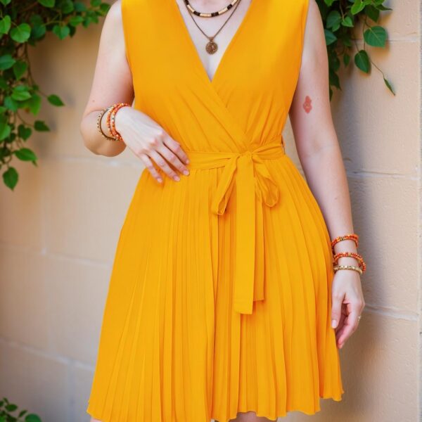 Elegant Yellow V-Neck Pleated A-Line Sleeveless Dress for a Chic, Classy and Trendy Fashion Style to Dress to Impress