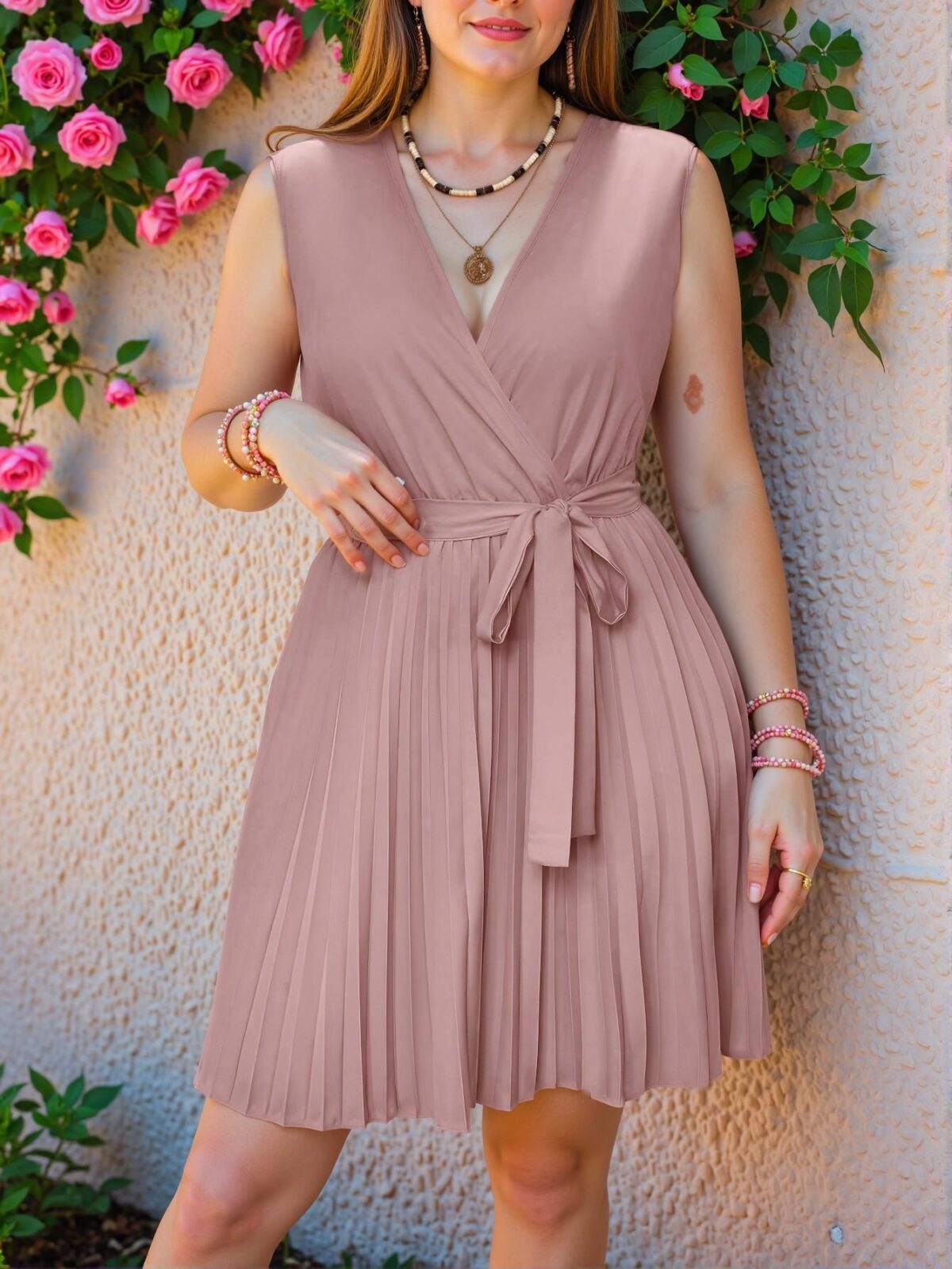 Elegant Dusty Pink Chic V-Neck Pleated Waist Sleeveless A-Line Dress for Weddings - Chic, Classy and Trendy Fashion Style to Dress to Impress