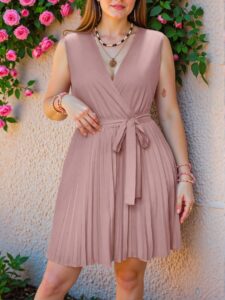 Elegant Dusty Pink Chic V-Neck Pleated Waist Sleeveless A-Line Dress for Weddings - Chic, Classy and Trendy Fashion Style to Dress to Impress