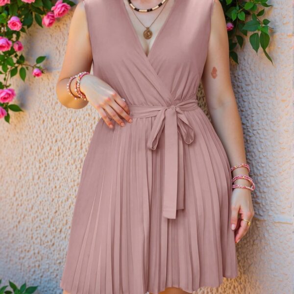 Elegant Dusty Pink Chic V-Neck Pleated Waist Sleeveless A-Line Dress for Weddings - Chic, Classy and Trendy Fashion Style to Dress to Impress